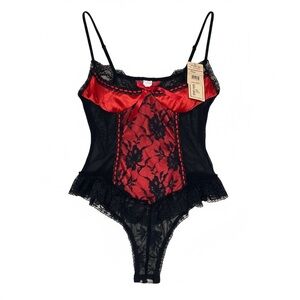 Vintage Delicates Red Satin & Black Lace Teddy Bodysuit‎ Lingerie Size Large NWT